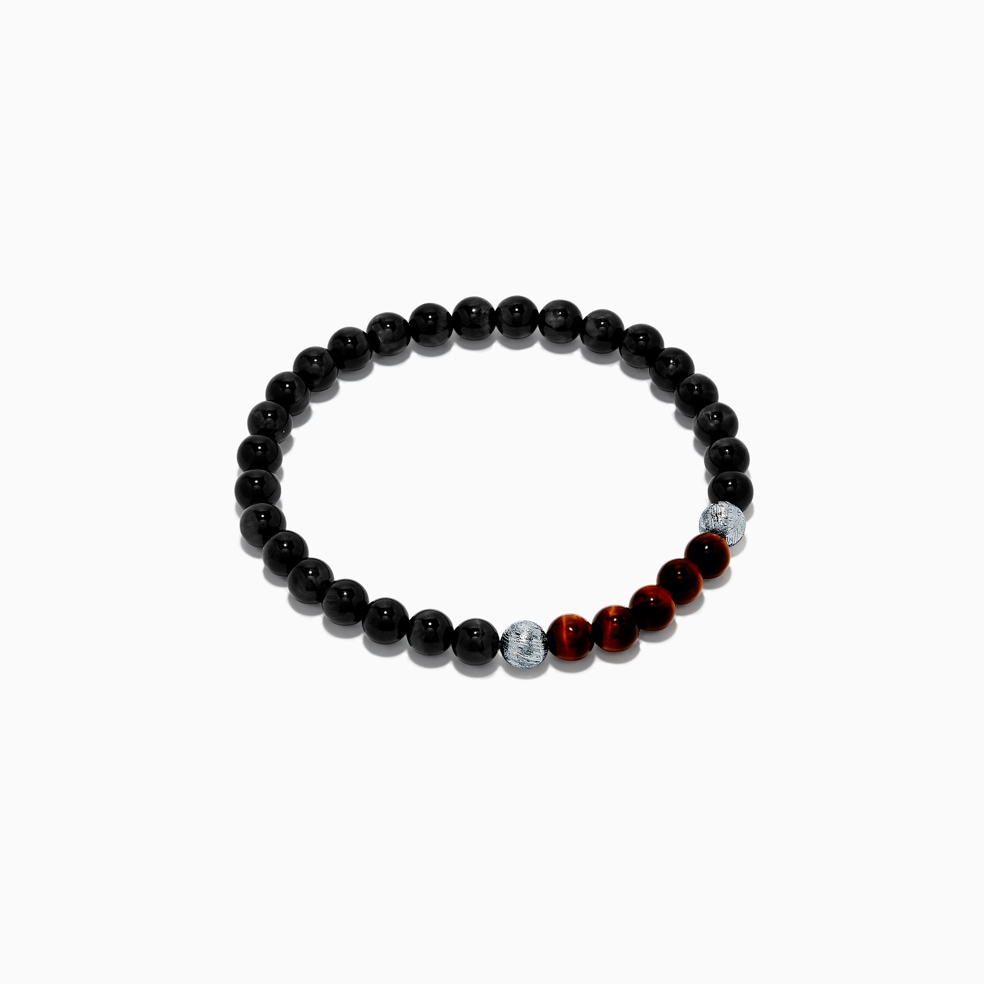 The Men's Meteorite and Tiger's Eye Beaded Bracelet features mainly black beads, five dark red tiger's eye beads at the center, flanked by two silver meteorite beads, strung on elastic and displayed against a white background.