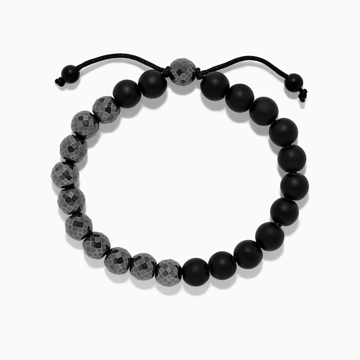 The Mens Beaded Hematite String Bracelet features alternating matte black and faceted dark gray beads on a black adjustable cord with knotted ends—an elegant accessory for any occasion.