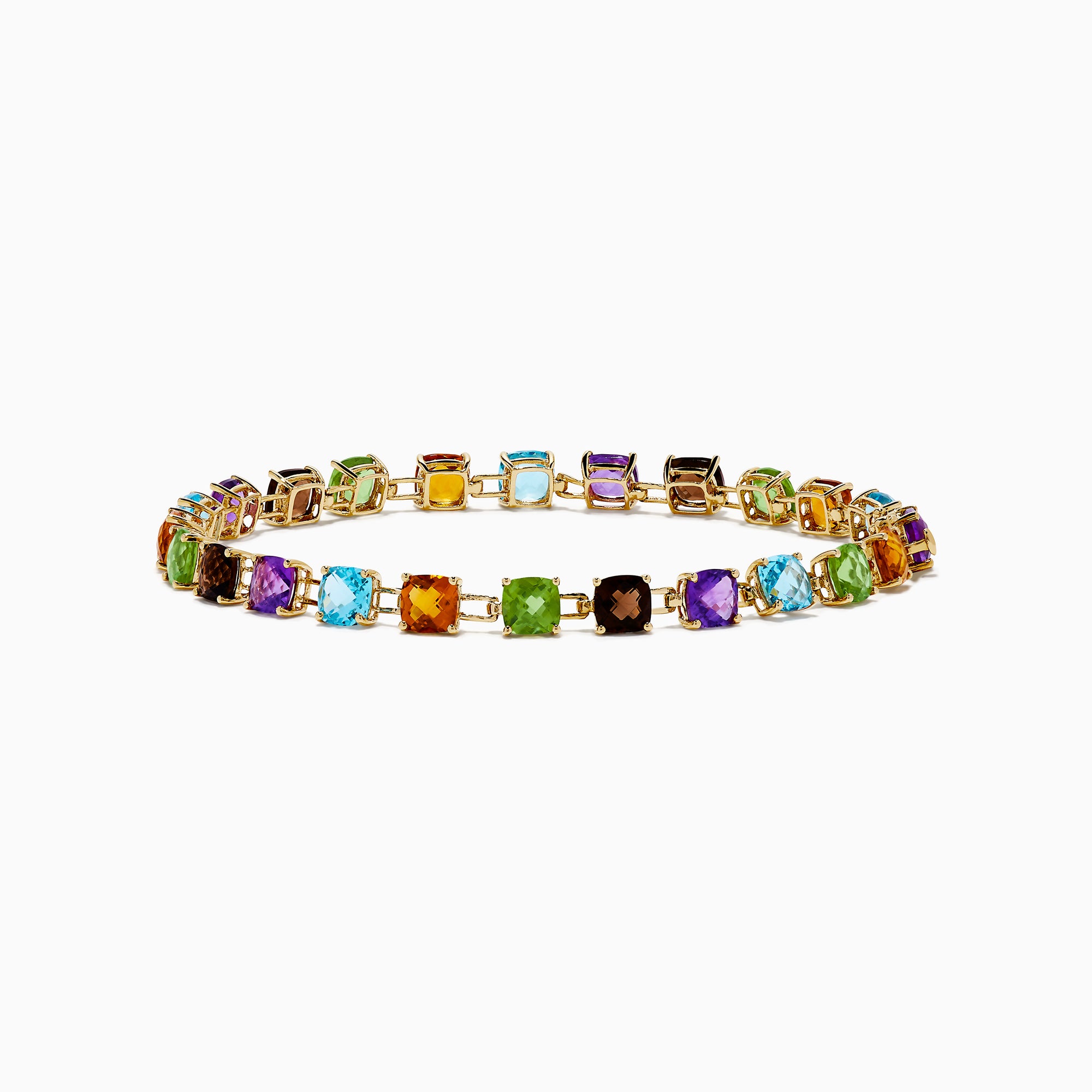 The 14K Yellow Gold Cushion Cut Multi Color Gemstone Tennis Bracelet showcases a row of cushion-cut multicolored gemstones set in yellow gold, displayed against a white background.