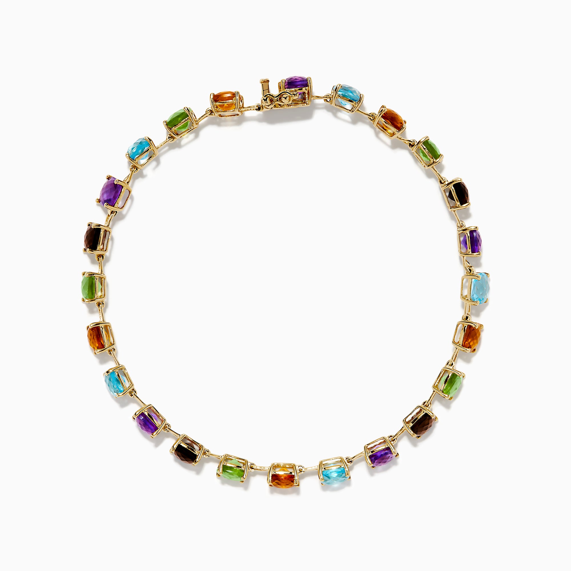 The 14K Yellow Gold Cushion Cut Multi Color Gemstone Tennis Bracelet showcases a row of cushion-cut multicolored gemstones set in yellow gold, displayed against a white background.
