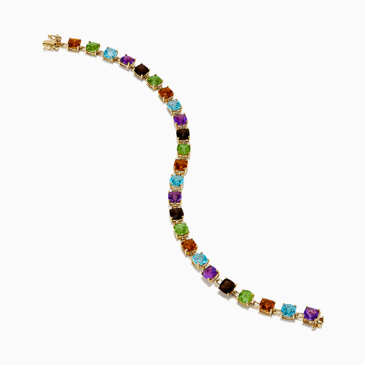 The 14K Yellow Gold Cushion Cut Multi Color Gemstone Tennis Bracelet showcases a row of cushion-cut multicolored gemstones set in yellow gold, displayed against a white background.