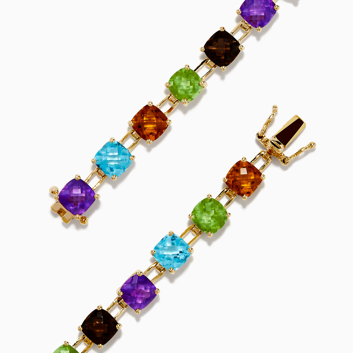 The 14K Yellow Gold Cushion Cut Multi Color Gemstone Tennis Bracelet showcases a row of cushion-cut multicolored gemstones set in yellow gold, displayed against a white background.