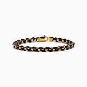 The Mens 925 Gold Plated Silver Leather Woven Bracelet features interwoven dark brown leather and a secure clasp, displayed on a plain white background.
