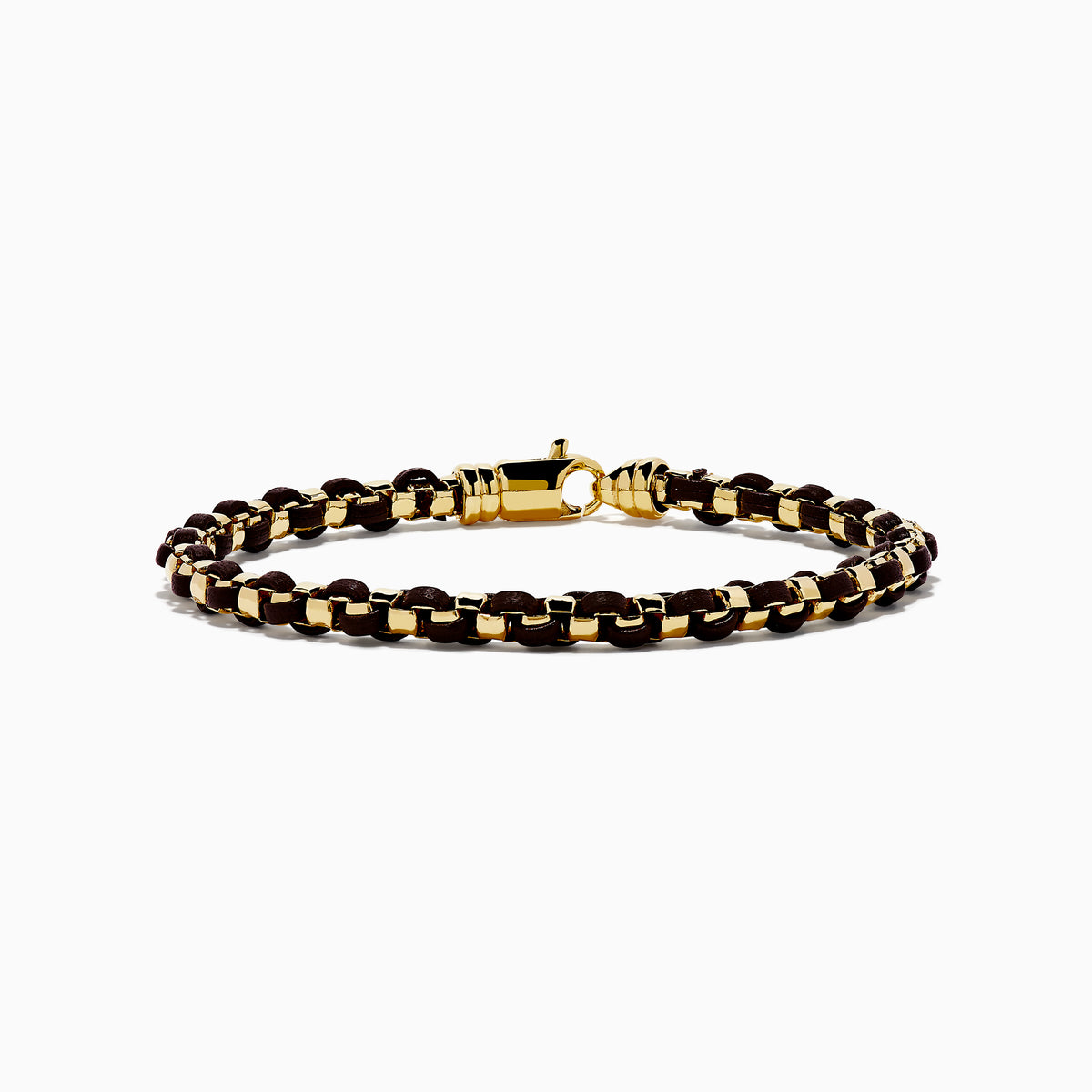The Mens 925 Gold Plated Silver Leather Woven Bracelet features interwoven dark brown leather and a secure clasp, displayed on a plain white background.