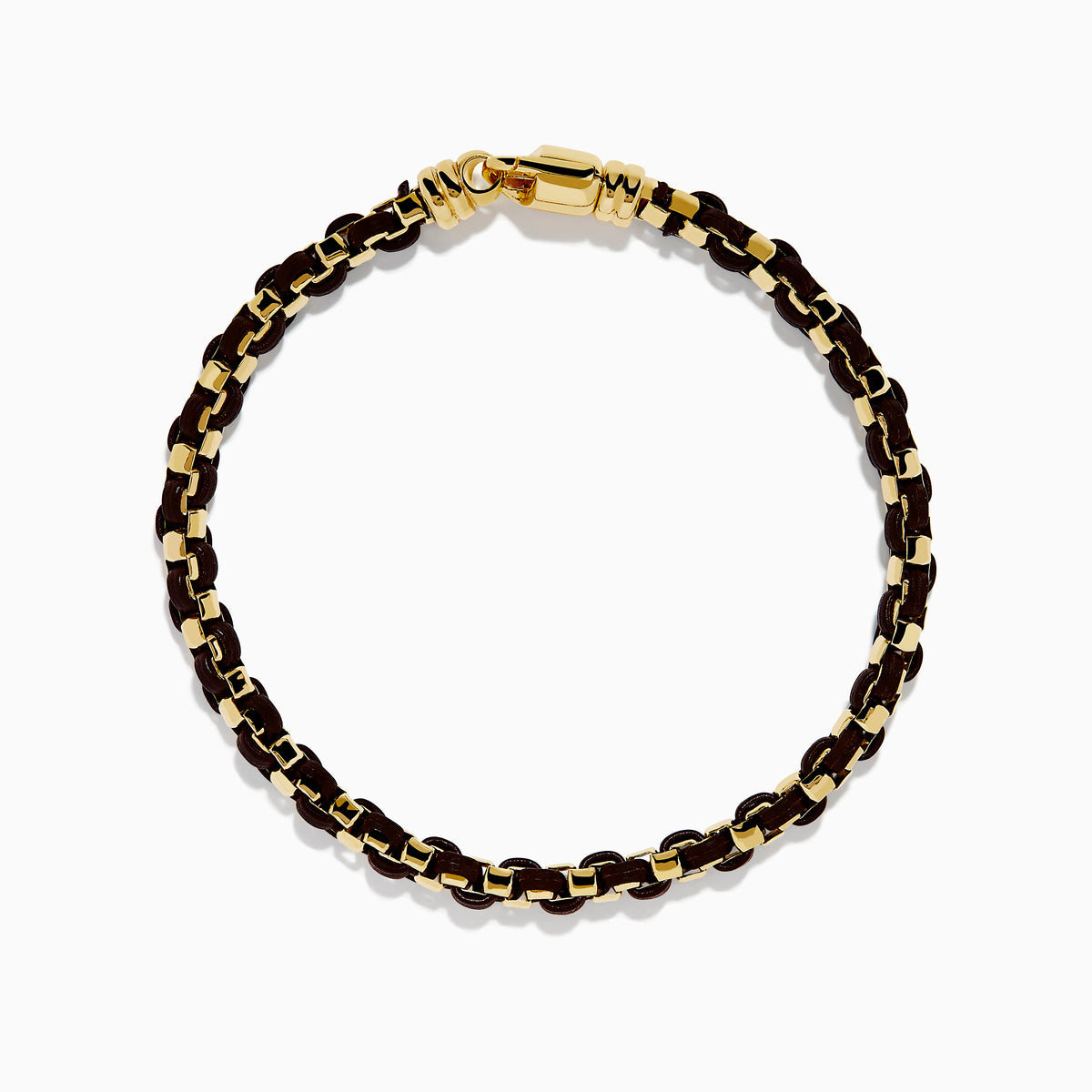 The Mens 925 Gold Plated Silver Leather Woven Bracelet features interwoven dark brown leather and a secure clasp, displayed on a plain white background.