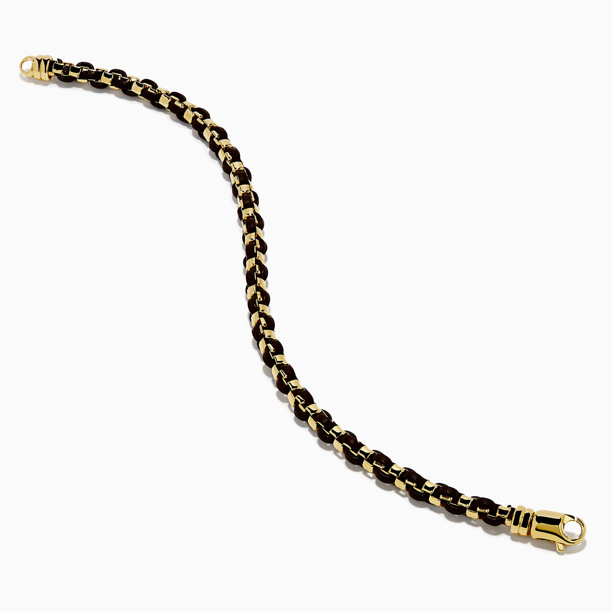 The Mens 925 Gold Plated Silver Leather Woven Bracelet features interwoven dark brown leather and a secure clasp, displayed on a plain white background.