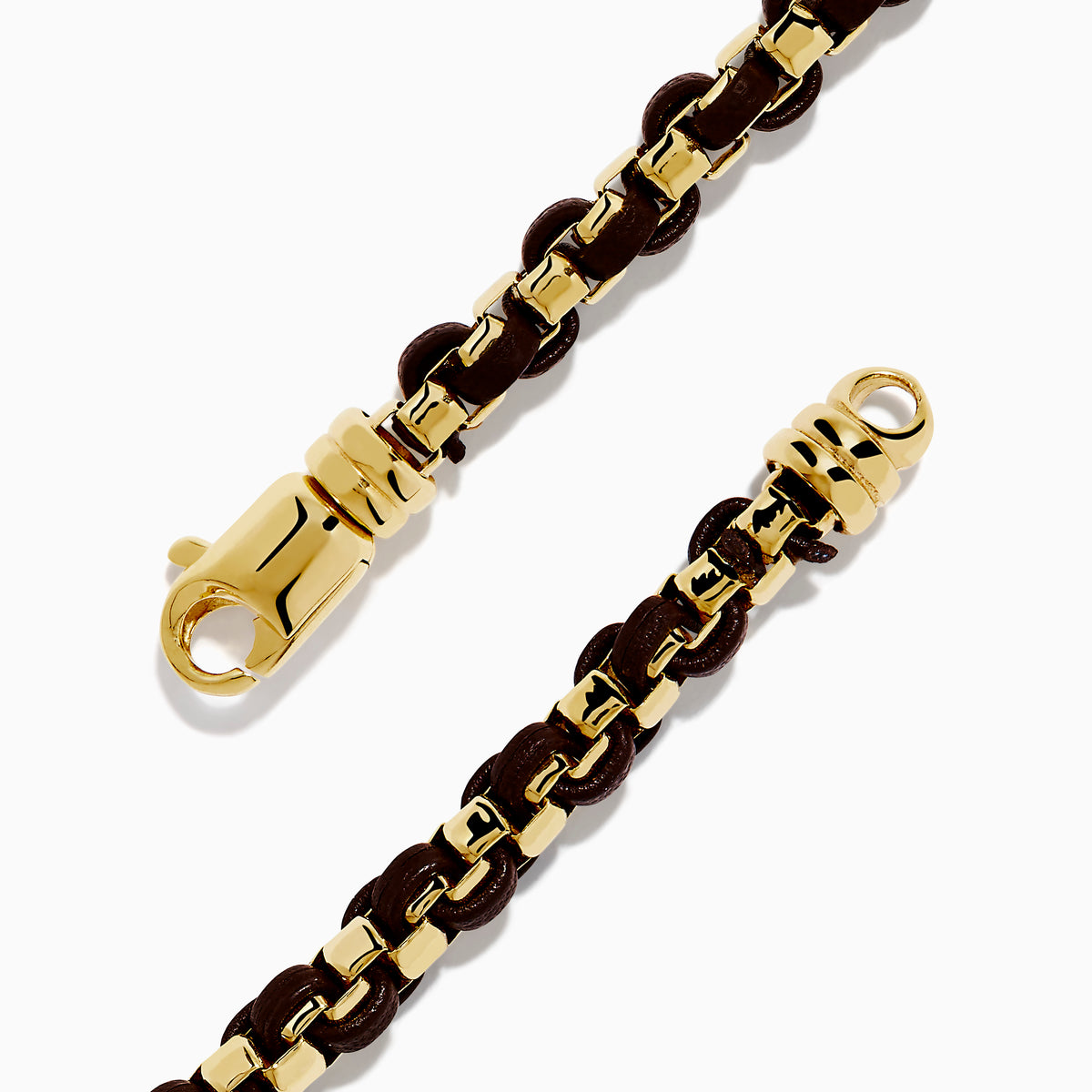 The Mens 925 Gold Plated Silver Leather Woven Bracelet features interwoven dark brown leather and a secure clasp, displayed on a plain white background.