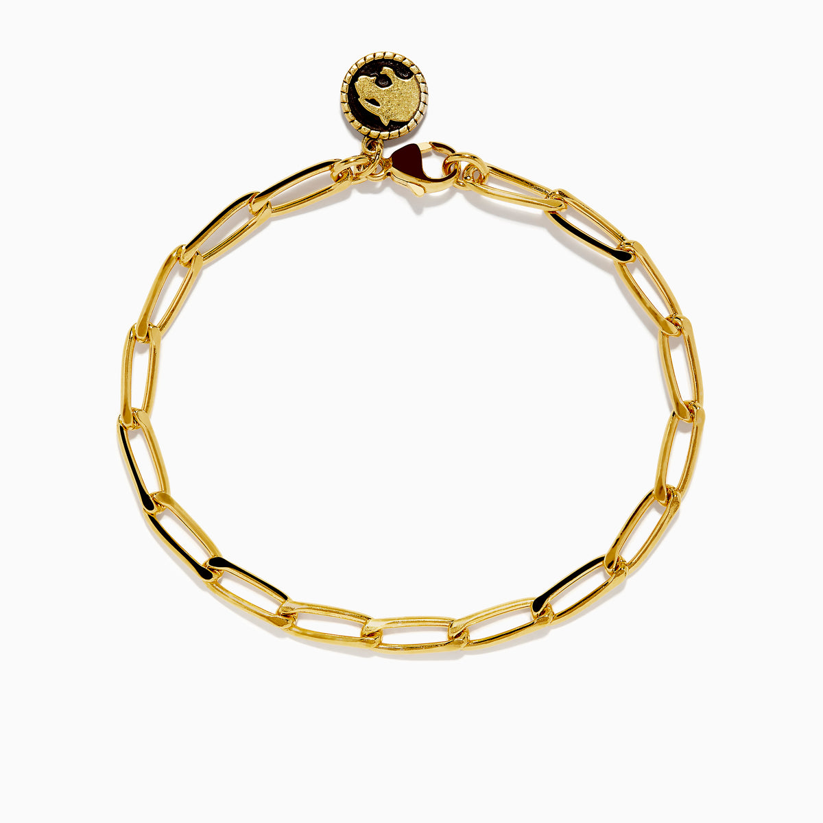 The Unisex 925 Gold Plated Sterling Silver 8 Paper Clip Bracelet features elongated oval links and a round black and gold yin-yang charm near the clasp.