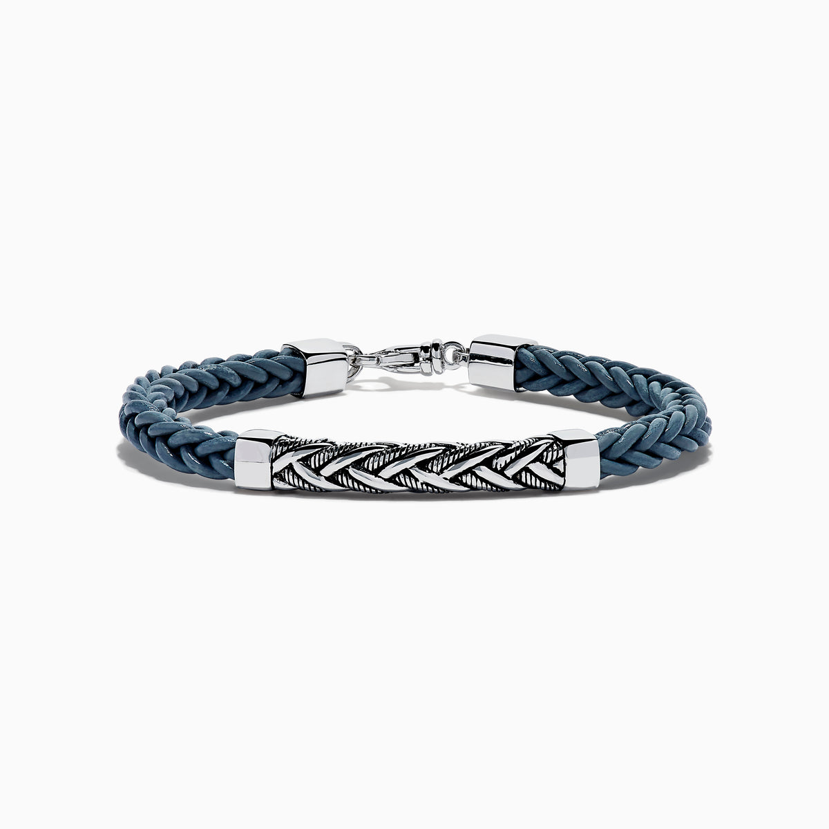 Men's 925 Sterling Silver and Leather Braided Bracelet with a silver clasp and rectangular 925 sterling silver accent engraved with a chevron pattern.