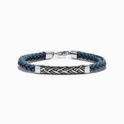 Men's 925 Sterling Silver and Leather Braided Bracelet with a silver clasp and rectangular 925 sterling silver accent engraved with a chevron pattern.