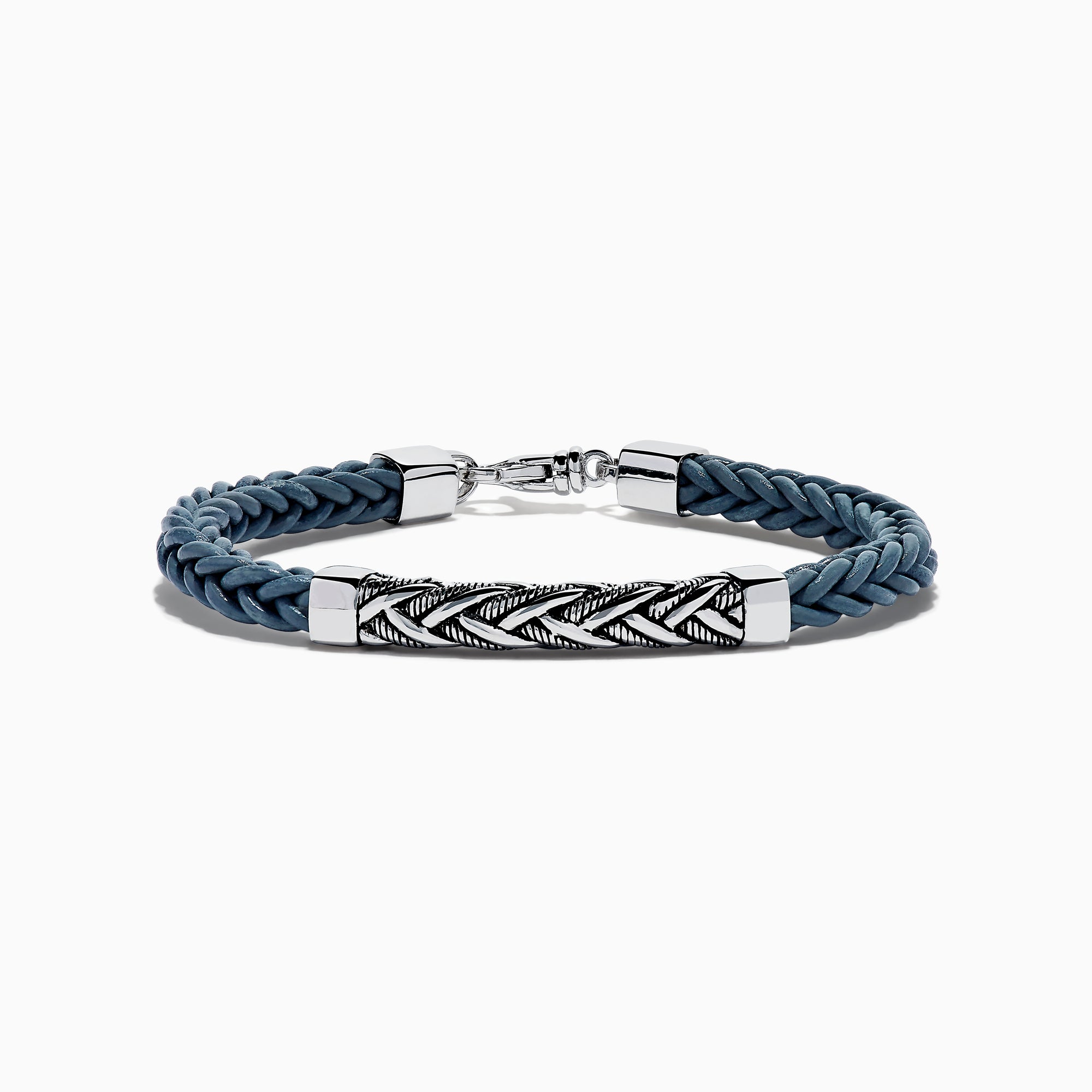 Men's 925 Sterling Silver and Leather Braided Bracelet with a silver clasp and rectangular 925 sterling silver accent engraved with a chevron pattern.