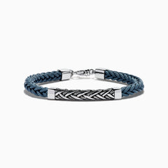 Men's 925 Sterling Silver and Leather Braided Bracelet with a silver clasp and rectangular 925 sterling silver accent engraved with a chevron pattern.