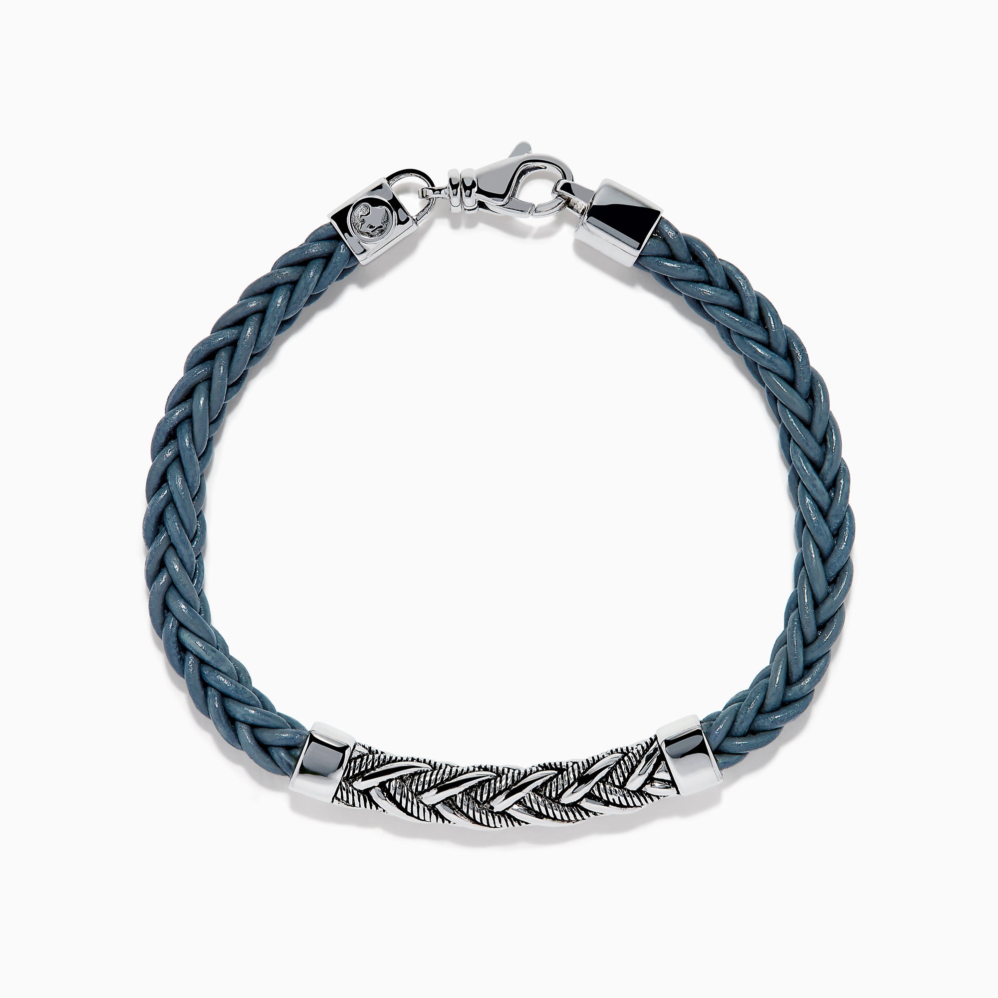 Men's 925 Sterling Silver and Leather Braided Bracelet with a silver clasp and rectangular 925 sterling silver accent engraved with a chevron pattern.