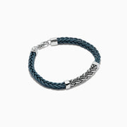 Men's 925 Sterling Silver and Leather Braided Bracelet with a silver clasp and rectangular 925 sterling silver accent engraved with a chevron pattern.