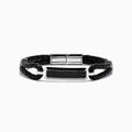 The Mens 925 Sterling Silver Black Sapphire Leather Bracelet features black braided leather, a silver clasp, and a rectangular sterling silver accent set with black stones. The design resembles a stylish black sapphire bracelet against a plain white background.