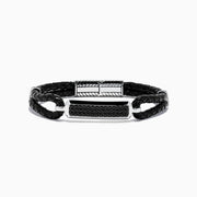 The Mens 925 Sterling Silver Black Sapphire Leather Bracelet features black braided leather, a silver clasp, and a rectangular sterling silver accent set with black stones. The design resembles a stylish black sapphire bracelet against a plain white background.