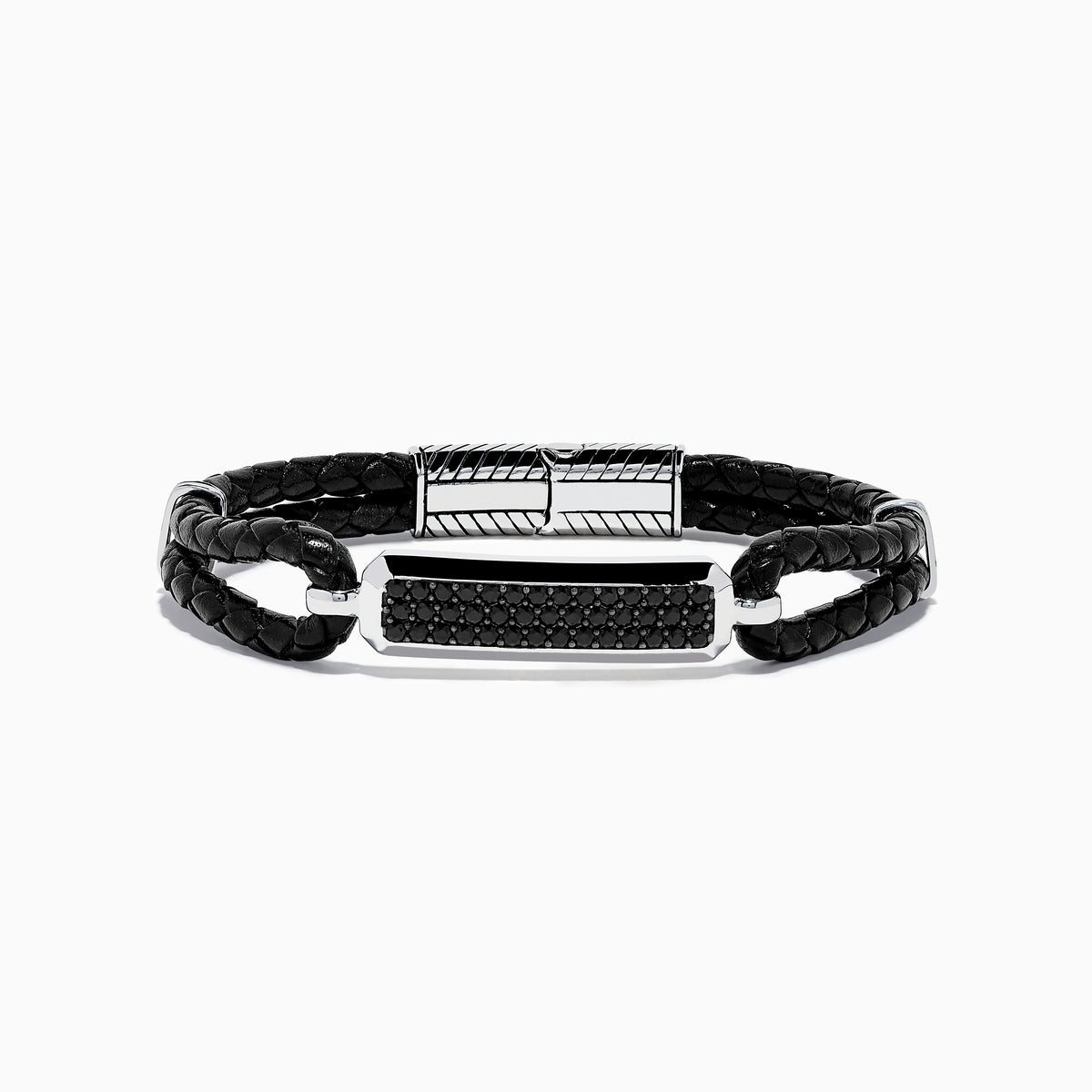The Mens 925 Sterling Silver Black Sapphire Leather Bracelet features black braided leather, a silver clasp, and a rectangular sterling silver accent set with black stones. The design resembles a stylish black sapphire bracelet against a plain white background.
