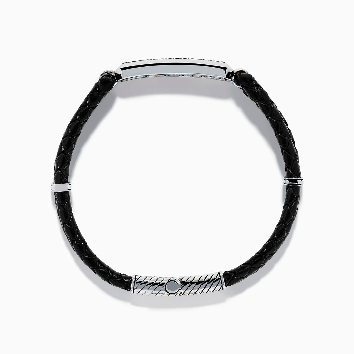 The Mens 925 Sterling Silver Black Sapphire Leather Bracelet features black braided leather, a silver clasp, and a rectangular sterling silver accent set with black stones. The design resembles a stylish black sapphire bracelet against a plain white background.