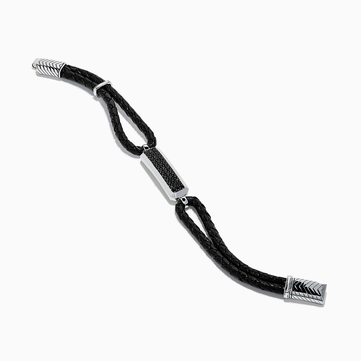 The Mens 925 Sterling Silver Black Sapphire Leather Bracelet features black braided leather, a silver clasp, and a rectangular sterling silver accent set with black stones. The design resembles a stylish black sapphire bracelet against a plain white background.