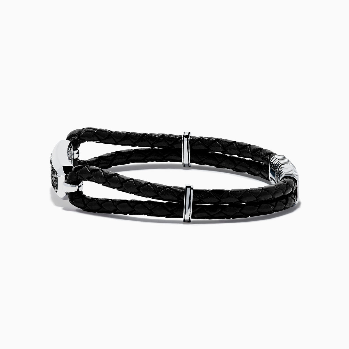The Mens 925 Sterling Silver Black Sapphire Leather Bracelet features black braided leather, a silver clasp, and a rectangular sterling silver accent set with black stones. The design resembles a stylish black sapphire bracelet against a plain white background.
