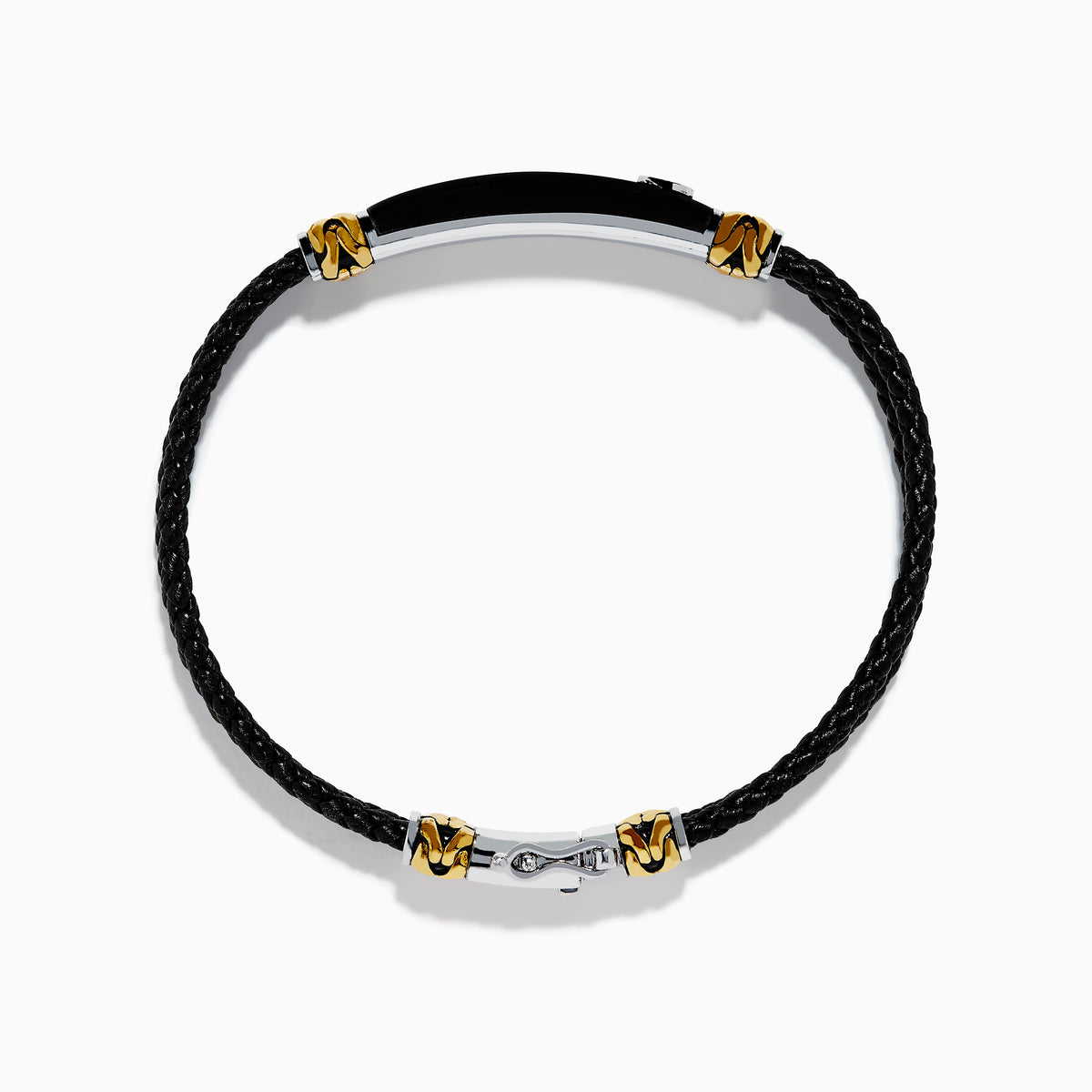 Mens 925 Sterling Silver and Leather Onyx Bracelet features black braided leather, gold and sterling silver accent clasps, a black rectangular plate, and a small round emblem on a white background.