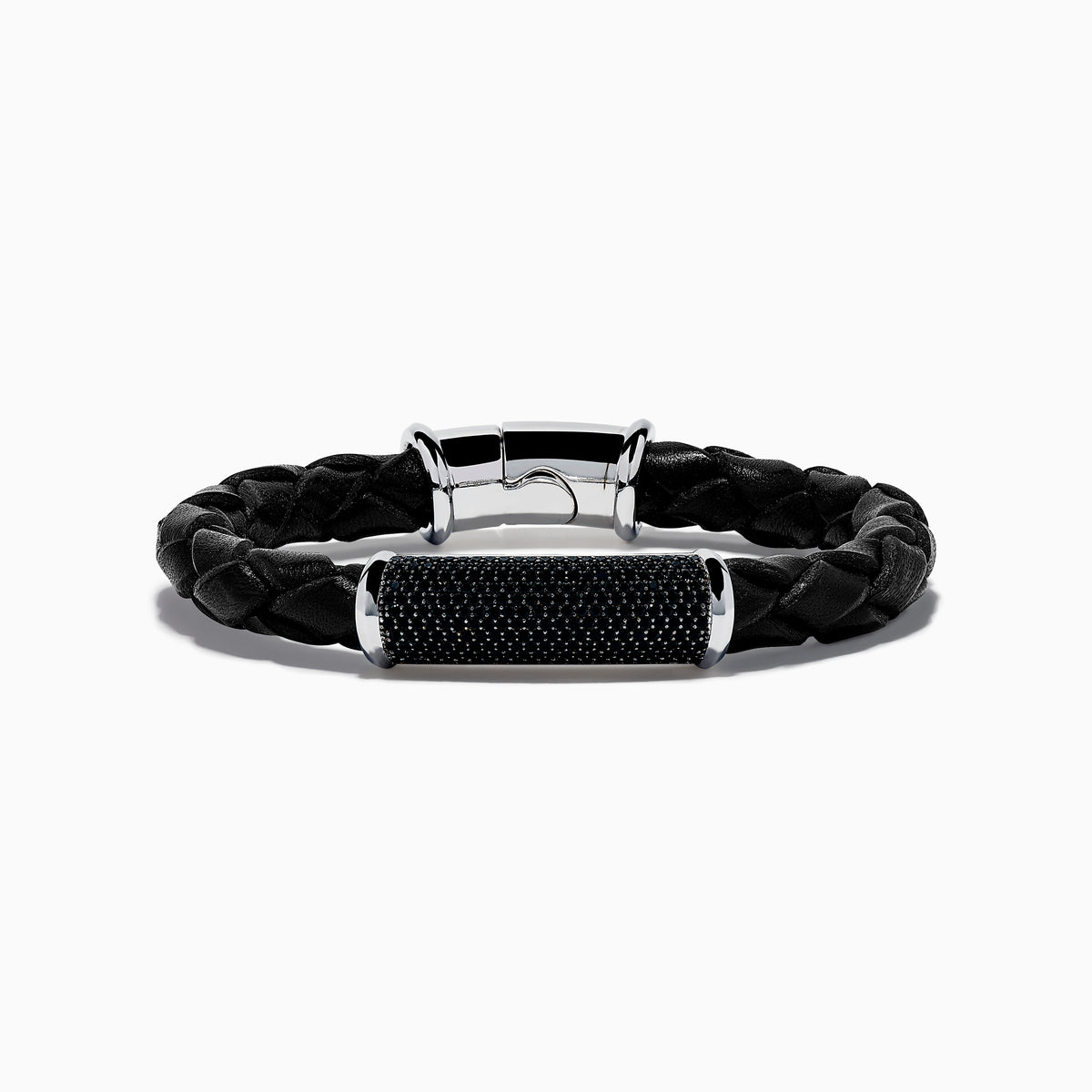 The Mens 925 Sterling Silver Spinel Leather Bracelet features black braided leather, a shiny sterling silver clasp, and a rectangular silver accent with sparkling black spinels, displayed against a white background.