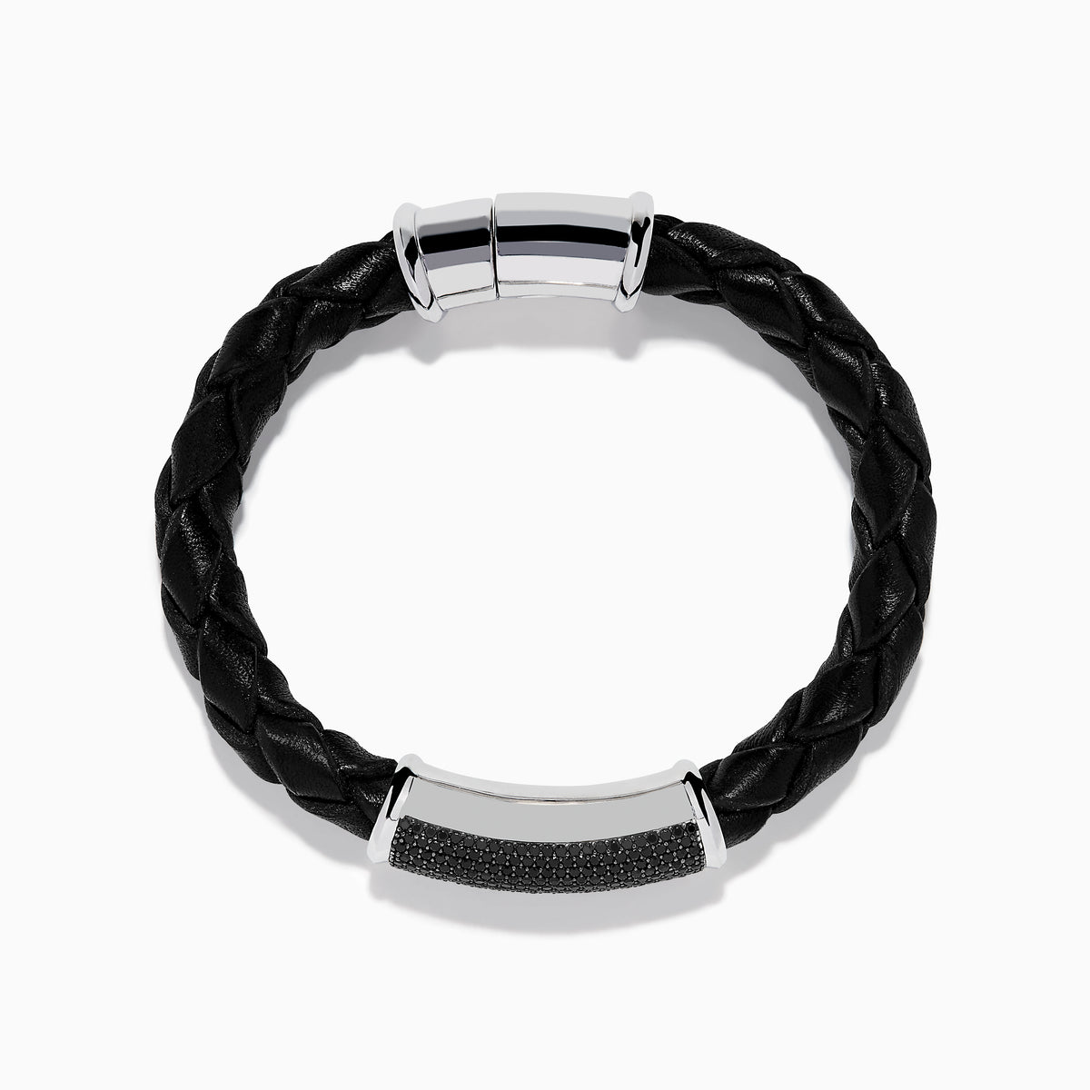 The Mens 925 Sterling Silver Spinel Leather Bracelet features black braided leather, a shiny sterling silver clasp, and a rectangular silver accent with sparkling black spinels, displayed against a white background.