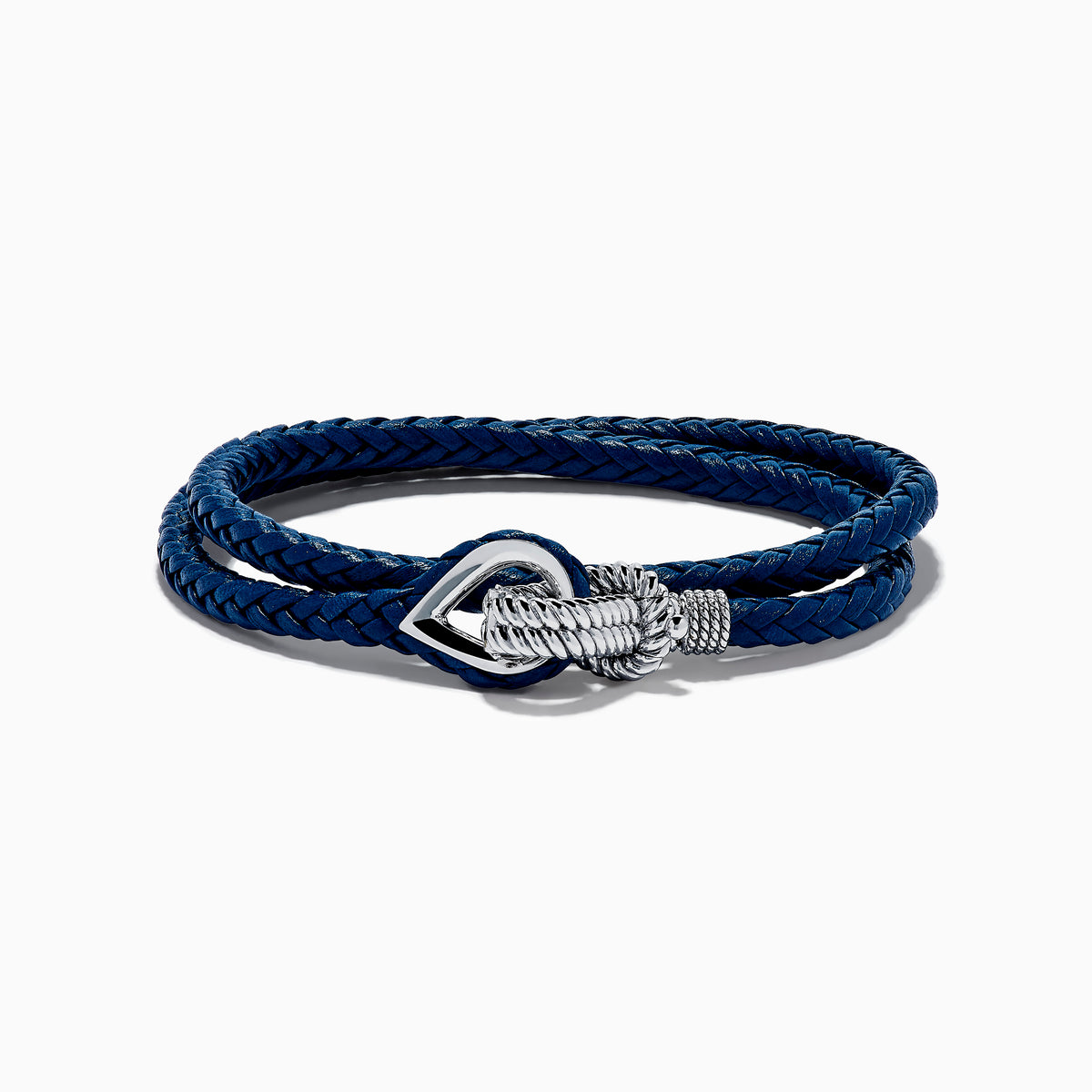 The Mens 925 Sterling Silver Leather Wrap Bracelet showcases a double-wrap blue leather band with a nautical-inspired silver hook and knot clasp, set against a white background. An ideal accessory for effortless mens style.