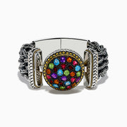 The 925 Sterling Silver and 18K Yellow Gold Multi Color Gemstone Mesh Bracelet features intricate braided mesh and a round centerpiece with multi-colored gemstones in various shapes, set against a white background.