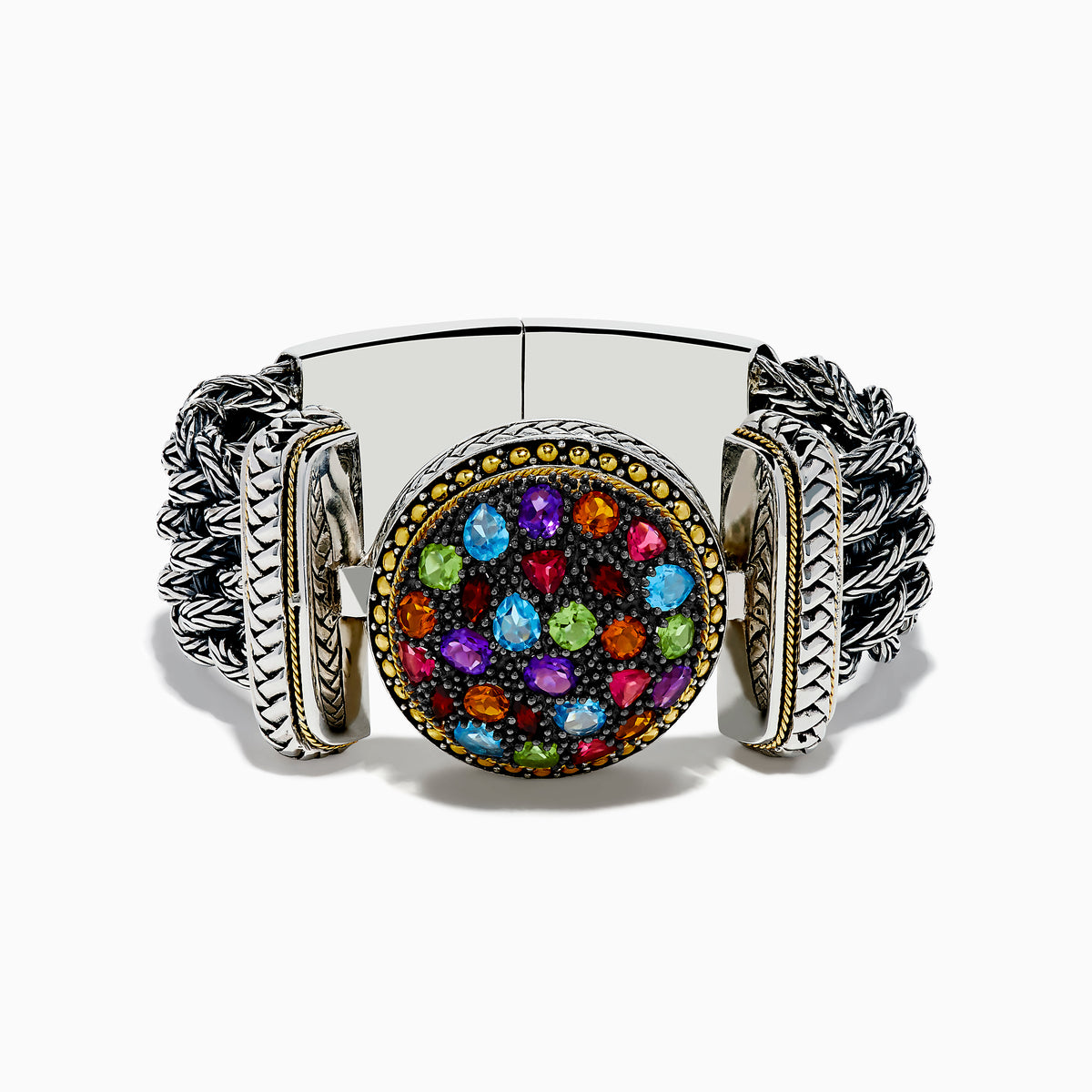 The 925 Sterling Silver and 18K Yellow Gold Multi Color Gemstone Mesh Bracelet features intricate braided mesh and a round centerpiece with multi-colored gemstones in various shapes, set against a white background.