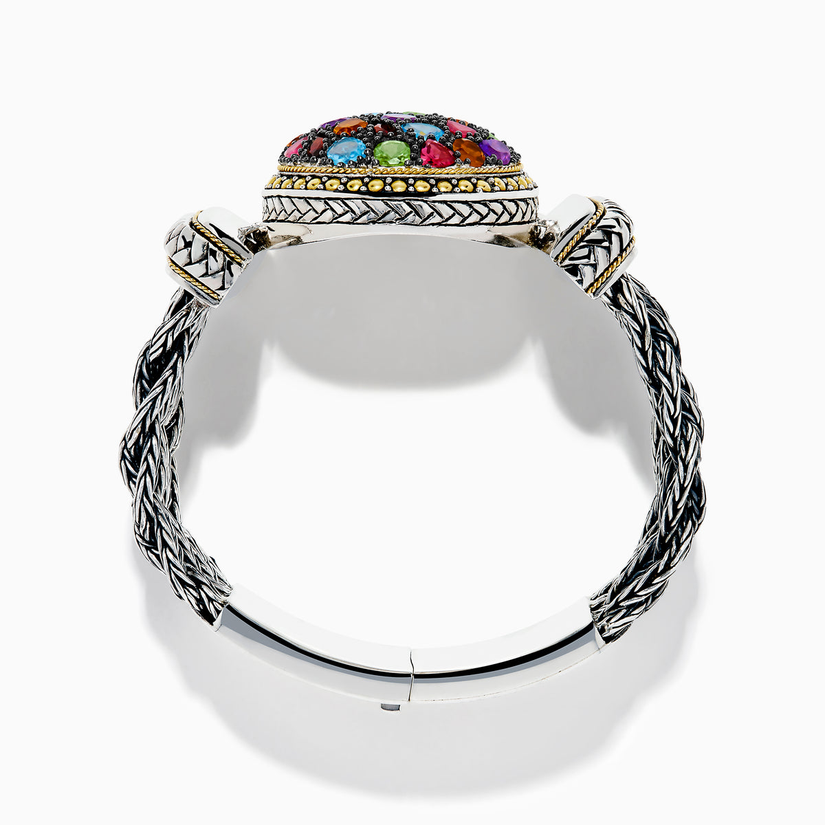 The 925 Sterling Silver and 18K Yellow Gold Multi Color Gemstone Mesh Bracelet features intricate braided mesh and a round centerpiece with multi-colored gemstones in various shapes, set against a white background.