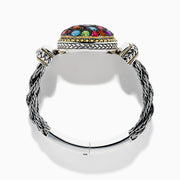 The 925 Sterling Silver and 18K Yellow Gold Multi Color Gemstone Mesh Bracelet features intricate braided mesh and a round centerpiece with multi-colored gemstones in various shapes, set against a white background.