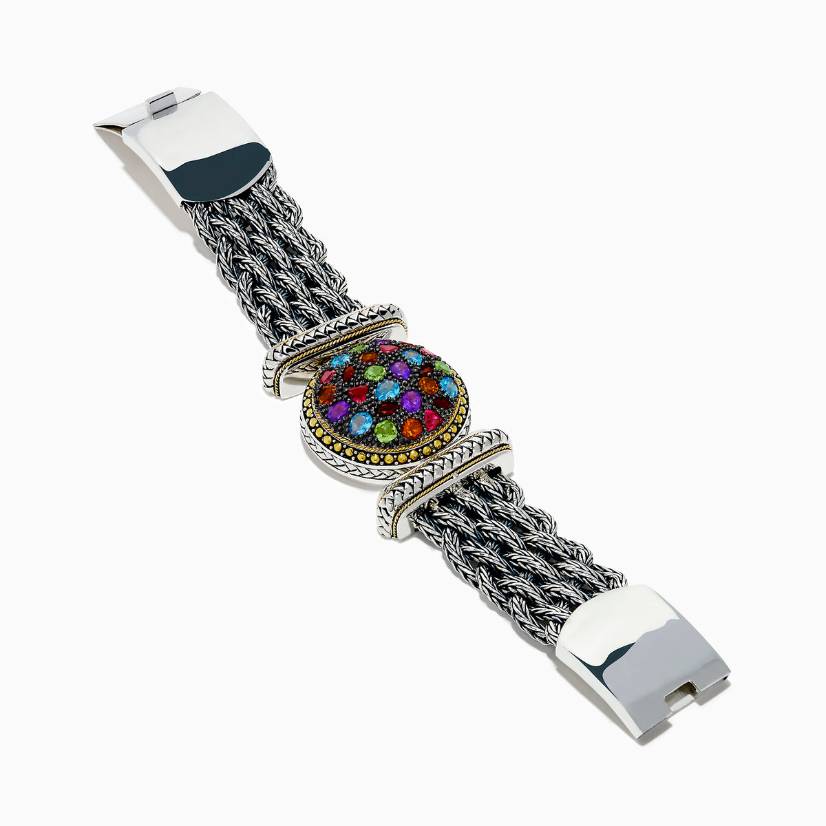 The 925 Sterling Silver and 18K Yellow Gold Multi Color Gemstone Mesh Bracelet features intricate braided mesh and a round centerpiece with multi-colored gemstones in various shapes, set against a white background.