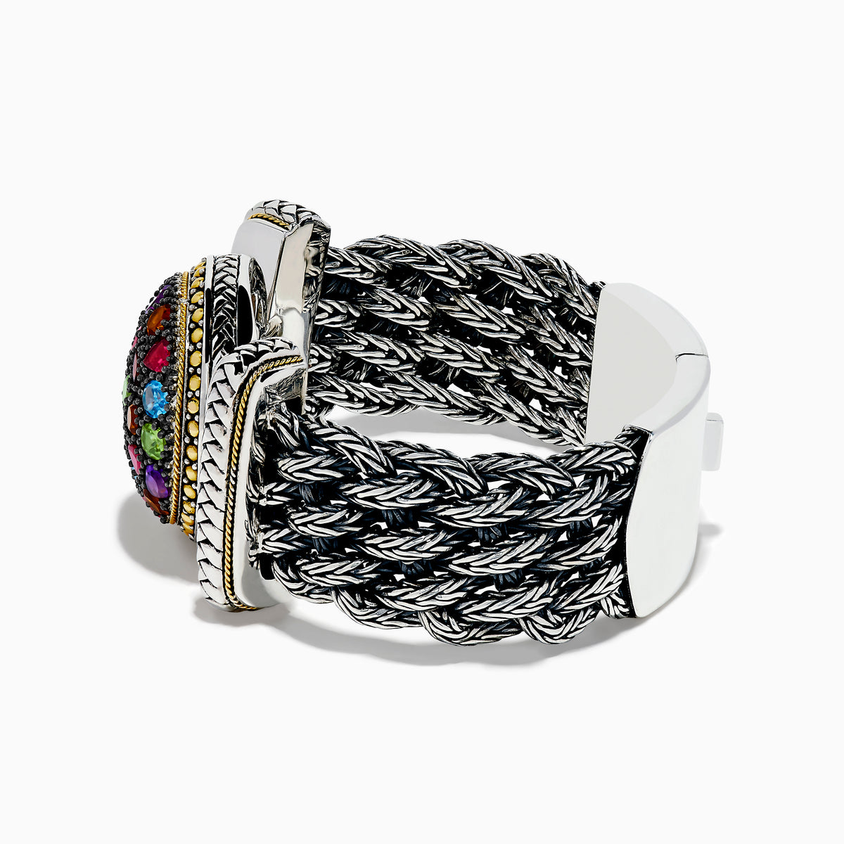 The 925 Sterling Silver and 18K Yellow Gold Multi Color Gemstone Mesh Bracelet features intricate braided mesh and a round centerpiece with multi-colored gemstones in various shapes, set against a white background.