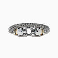 The 925 Sterling Silver and 18K Yellow Gold Panther Braided Chain Bracelet features two polished panther head clasps joined by a circular link, with gold accents behind each head.