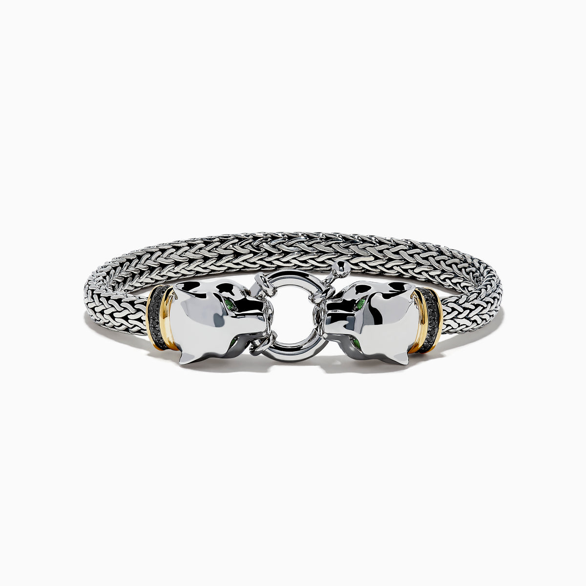 The 925 Sterling Silver and 18K Yellow Gold Panther Braided Chain Bracelet features two polished panther head clasps joined by a circular link, with gold accents behind each head.