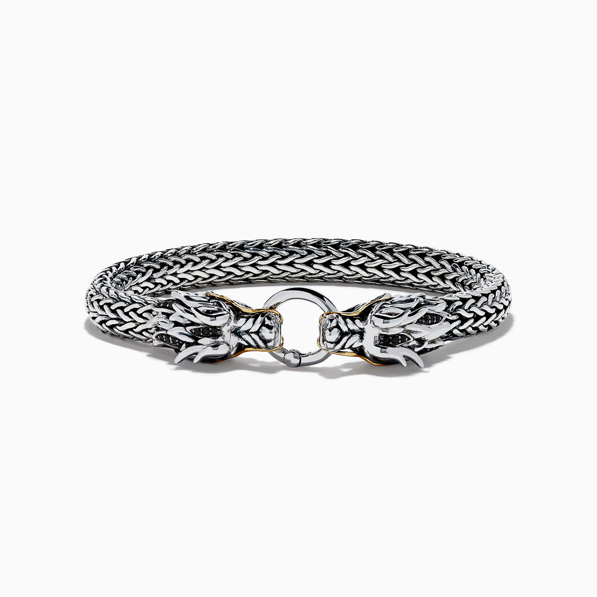 The Mens 925 Silver & 14K Yellow Gold Black Sapphire and Tsavorite Dragon Bracelet features two detailed dragon heads with black sapphire eyes, facing each other and joined by a round clasp.