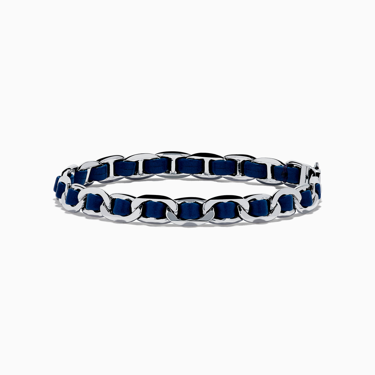 The 925 Sterling Silver Leather Bracelet features dark blue leather threaded through chain links and is displayed on a plain white background.