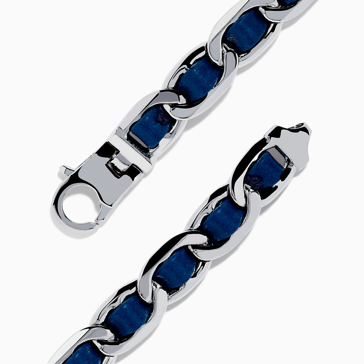 The 925 Sterling Silver Leather Bracelet features dark blue leather threaded through chain links and is displayed on a plain white background.
