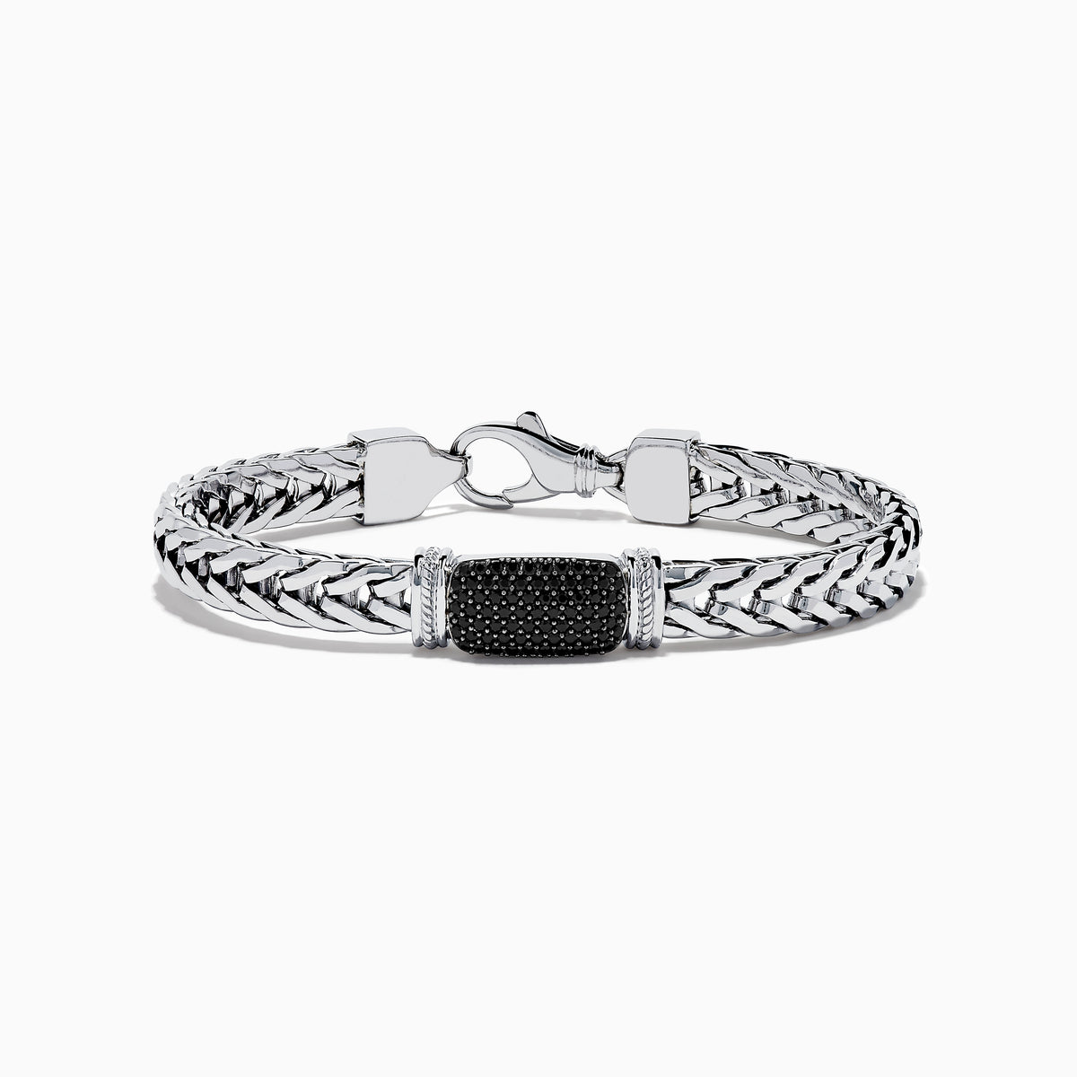 The Mens Sterling Silver Black Spinel Bracelet features a woven chain, a rectangular textured black spinel centerpiece, and a secure clasp closure, shown on a white background.