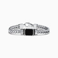 The Mens 925 Sterling Silver Onyx and Black Diamond Bracelet features a woven chain design, a rectangular onyx center stone in a decorative frame, black diamond accents, and a secure lobster clasp closure.