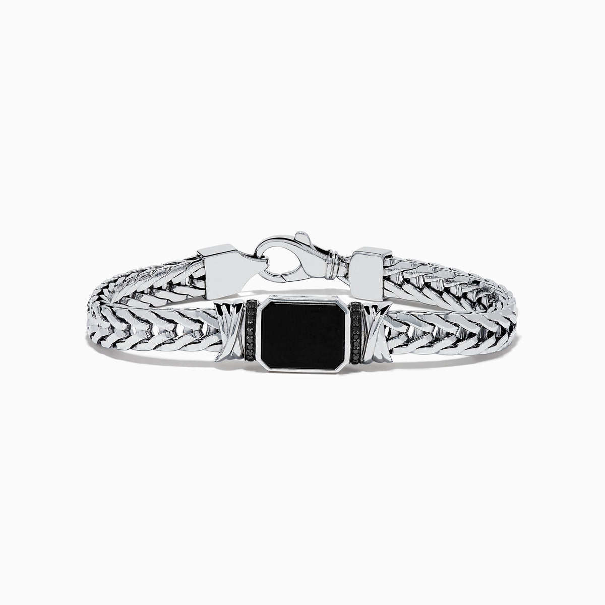 The Mens 925 Sterling Silver Onyx and Black Diamond Bracelet features a woven chain design, a rectangular onyx center stone in a decorative frame, black diamond accents, and a secure lobster clasp closure.