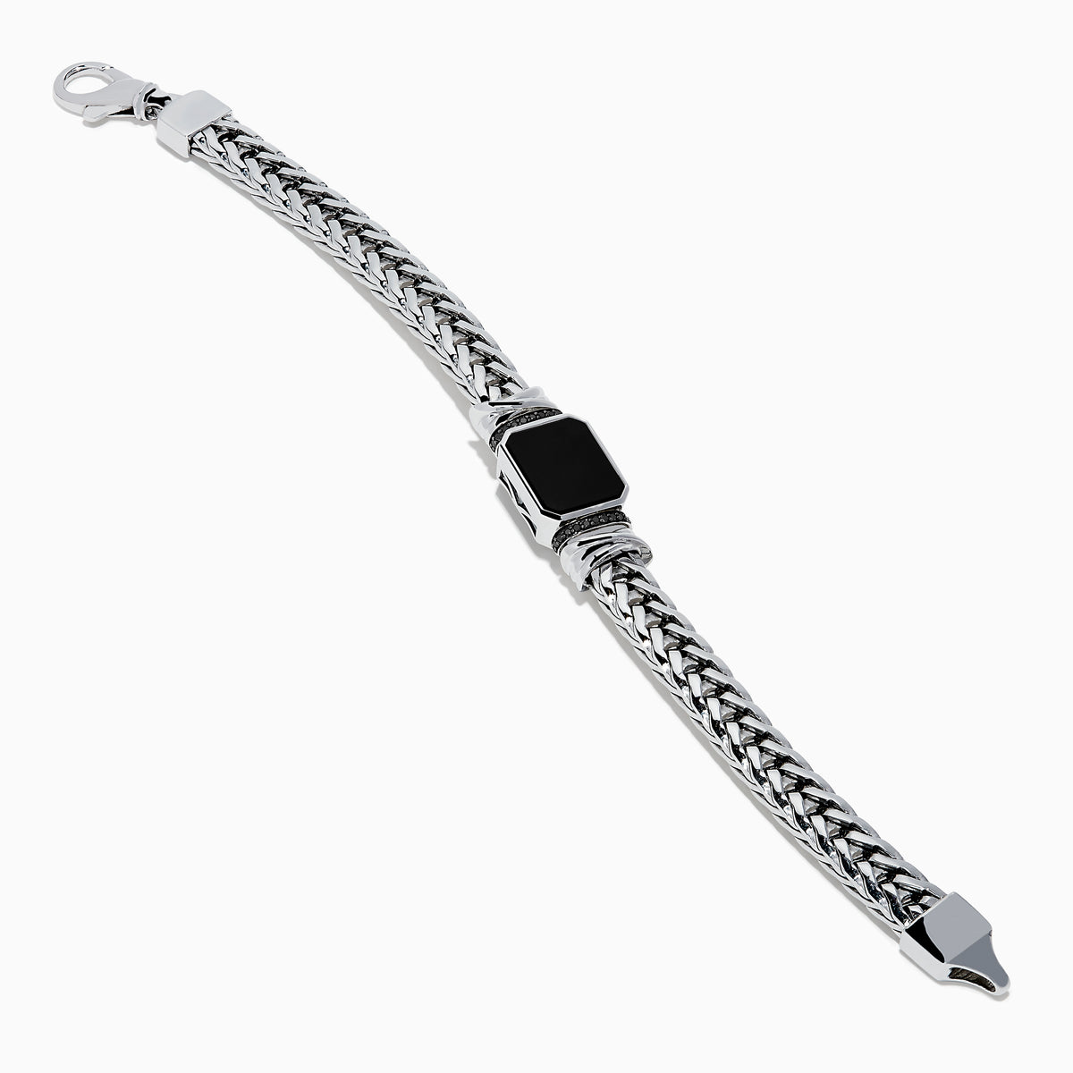 The Mens 925 Sterling Silver Onyx and Black Diamond Bracelet features a woven chain design, a rectangular onyx center stone in a decorative frame, black diamond accents, and a secure lobster clasp closure.