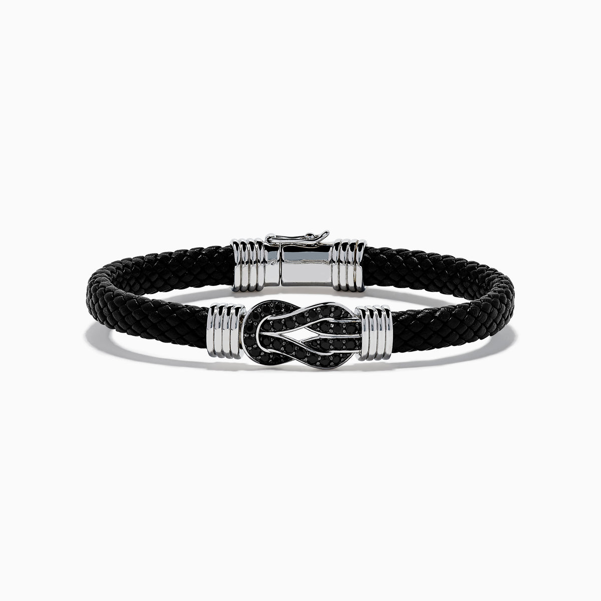 The Men's 925 Sterling Silver Black Spinel Leather Bracelet features black braided leather, sterling silver accents, and a decorative clasp with a black and silver loop design, displayed on a white background.