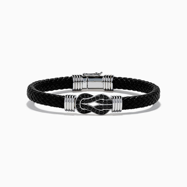Men's 925 Sterling Silver Black Spinel Leather Bracelet