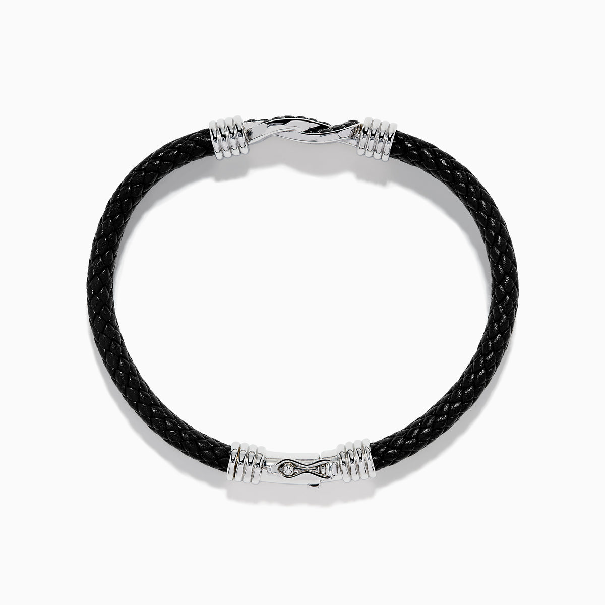 The Men's 925 Sterling Silver Black Spinel Leather Bracelet features black braided leather, sterling silver accents, and a decorative clasp with a black and silver loop design, displayed on a white background.