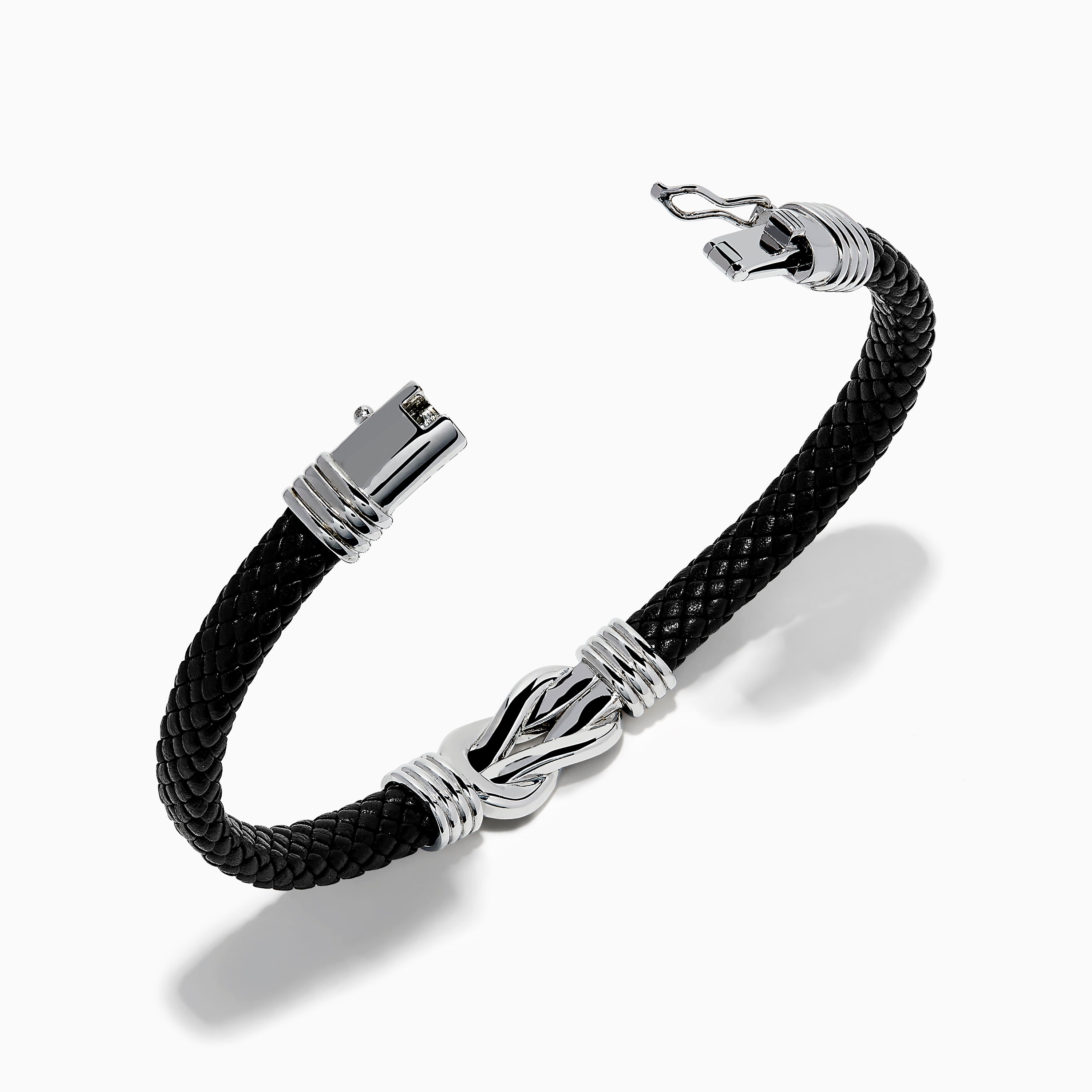 Men's 925 Sterling Silver Black Spinel Leather Bracelet