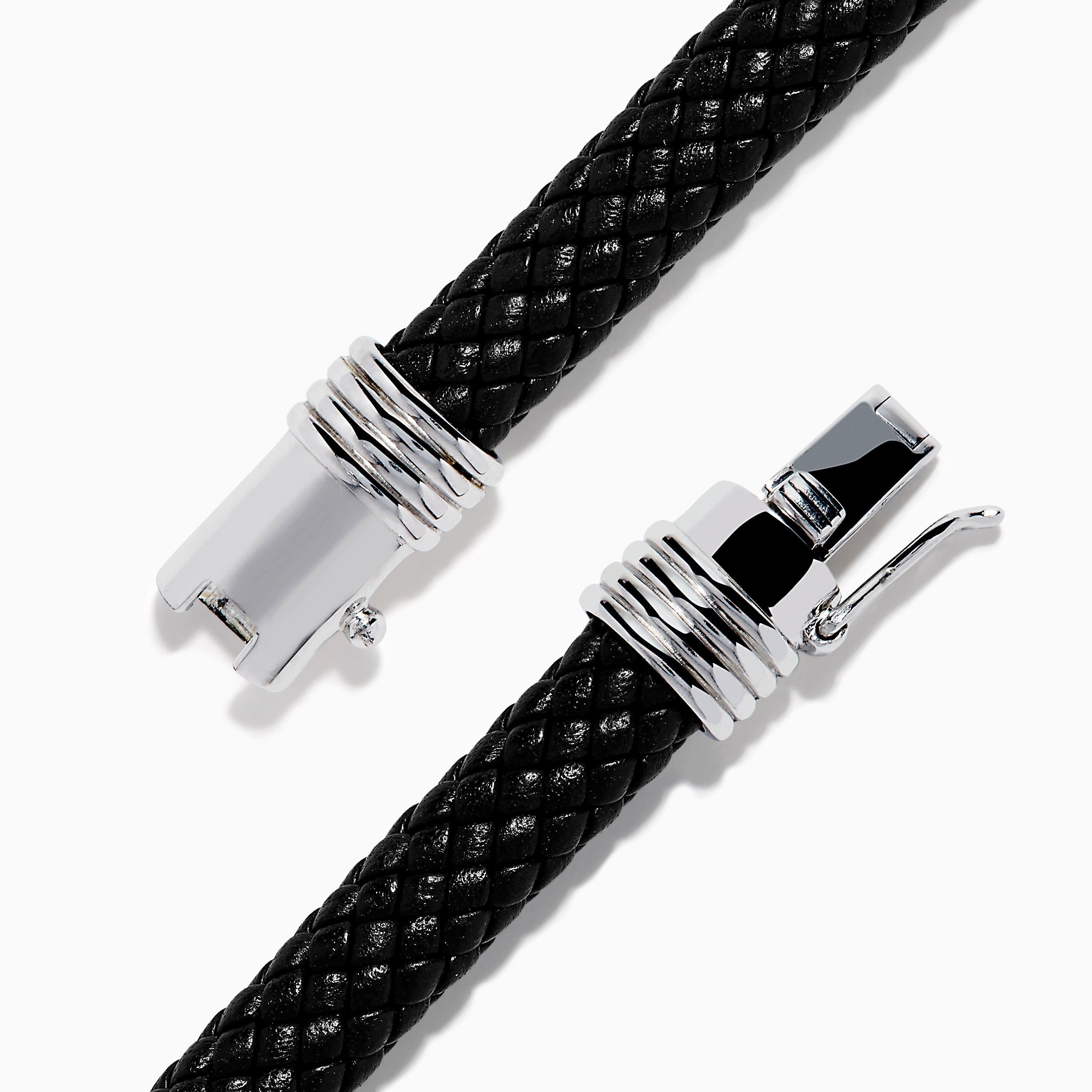 Men's 925 Sterling Silver Black Spinel Leather Bracelet