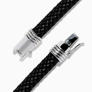 The Men's 925 Sterling Silver Black Spinel Leather Bracelet features black braided leather, sterling silver accents, and a decorative clasp with a black and silver loop design, displayed on a white background.