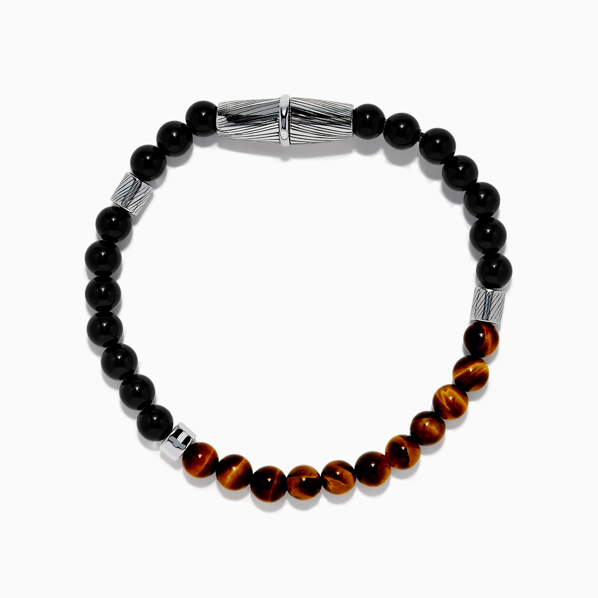 The Men's 925 Sterling Silver Tiger's Eye and Onyx Beaded Bracelet features alternating brown Tiger's Eye and black Onyx beads, accented by a textured sterling silver cylindrical clasp, shown on a white background.